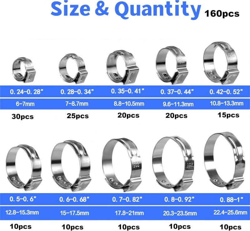 LAZIRO 160Pcs (6mm-25.6mm)1/4""-1""Single Ear Hose Clamp Hose Crimp Clamps Ear Crimp Rings Ear Stepless Hose Clamp Pinch Clamps for Hose Pipe Clamp Tools (Single Ear Hose Clamps Kit), Silver - Image 2